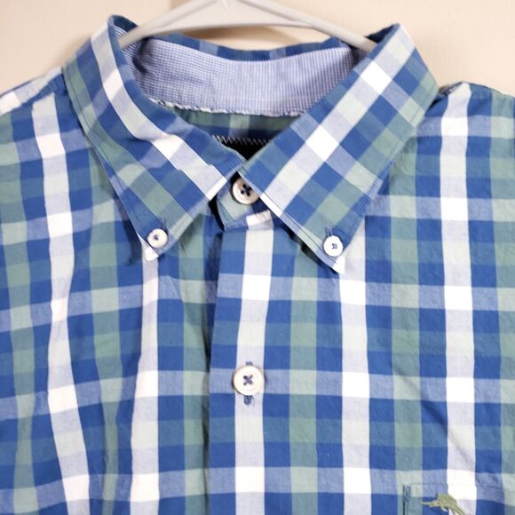 Tommy Bahama Shirt Mens XL Blue Green Plaid Hidden Collar Buttons Pima Cotton - Picture 2 of 8